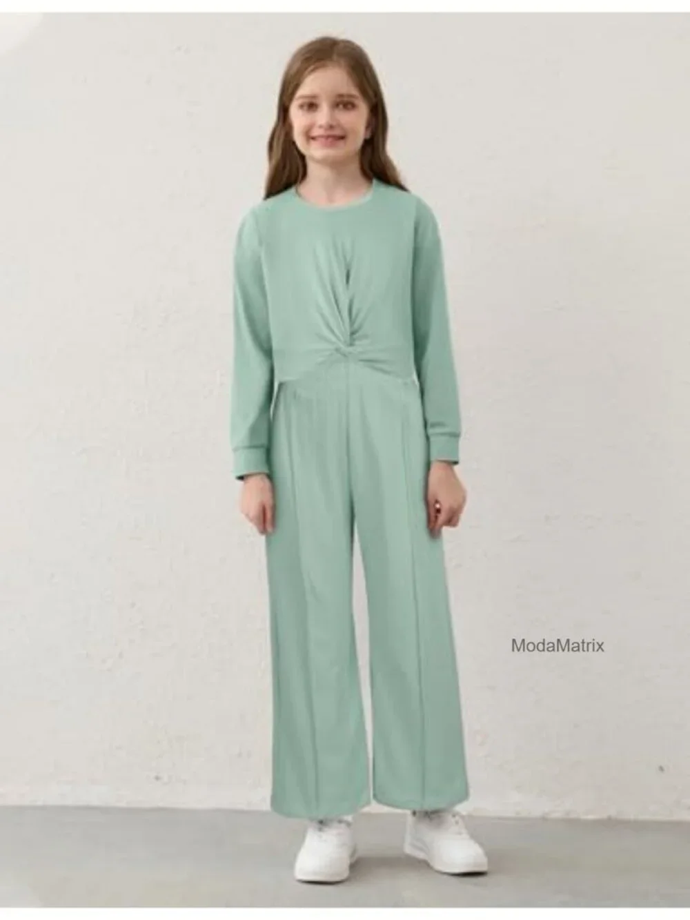 Girls Long Sleeve Twist Crop Top & Wide Leg Pant Set